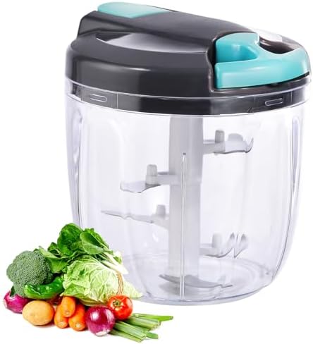 Manual Food Processor Vegetable Chopper, Portable Hand Pull String Garlic Mincer Onion Cutter for Veggies, Ginger, Fruits, Nuts, Herbs, etc., （900ml,Gray-blue）