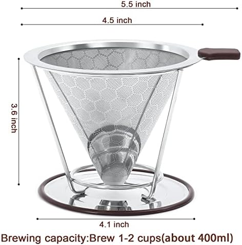 Pour Over Coffee Dripper, Stainless Steel Filter,Easy to Clean Paperless pour over coffee maker,Reusable Filter,Cone Dripper with Removable Cup