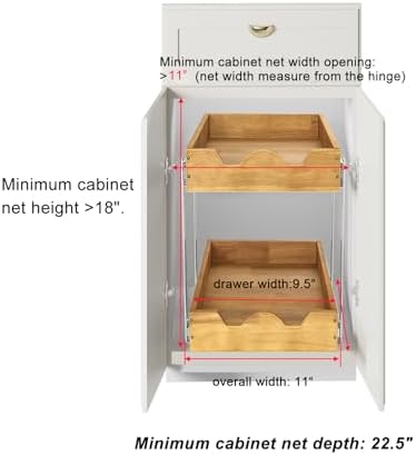 2 Tier Pull Out Cabinet Organizer (11" W x 21" D) Double Tier Slide Out Wood Drawer Under Cabinet Storage And Organization
