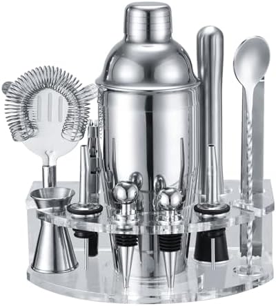 Bartender Kit Cocktail Shaker Set, Stainless Steel Cocktail Kit with 12 Piece Bar Accessories, 25oz Shaker Bar Set Drink Mixer Set with Stand Jigger Strainer Spoon Muddler for Cocktails (Silver)