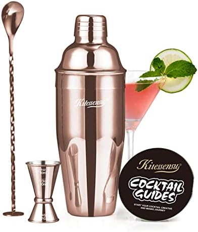 Cocktail Shaker Set, Stainless Steel Bartending Kit with 25 Ounce Cocktail Shaker with Built in Drink Strainer, Measuring Jigger, Mixing Spoon & Drink Recipe Guide, Rose Gold