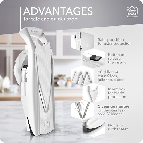 Mandoline Food Slicer Börner V5 (Starter Set) by Reston Lloyd • V-Slicer with Food Holder • Made in Germany • Fruit & Vegetable Chopper • Multiple Settings • Color: White - Image 4