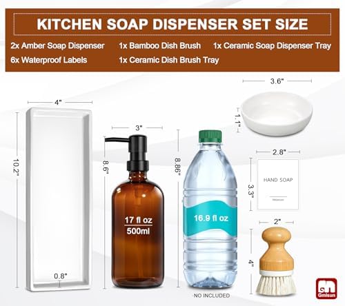 Dish Soap Dispenser, 16 Oz Kitchen Soap Dispenser Set with Ceramic Tray & Bamboo Brush, 2 Pack Thick Amber Glass Soap Dispenser, Farmhouse Refillable Hand and Dish Liquid Soap Pump Bottle Set