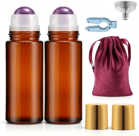 Roller Ball Applicator,Rose Quartz Roller Bottle,50ml Refillable Amber Glass Roll On Bottles with Natural Crystal Roller Balls,Leak-Proof Travel Perfume Bottle with Gold Caps (2Purple) by Unknown