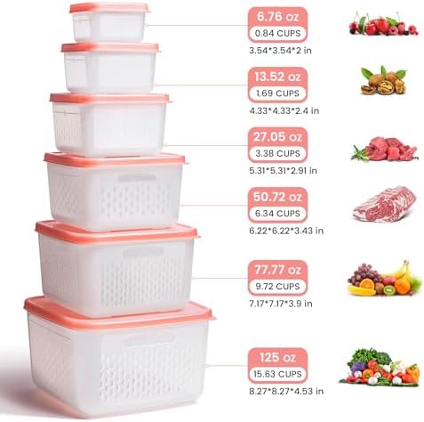 6-Piece Fruit Storage Containers for Fridge with Lids — BPA-Free Produce & Salad Keeper with Removable Colanders, Dishwasher & Microwave Safe, Multi-Size Meal Prep & Lettuce Saver