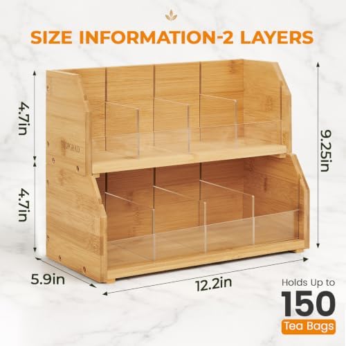 2-Layer Stackable Bamboo Tea Bag Organizer Storage Holder, Natural