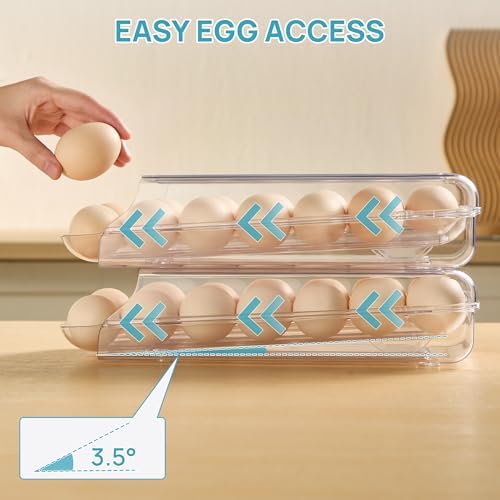 2 Pack Egg Holder for Fridge, Automatic Rolling Egg Container
