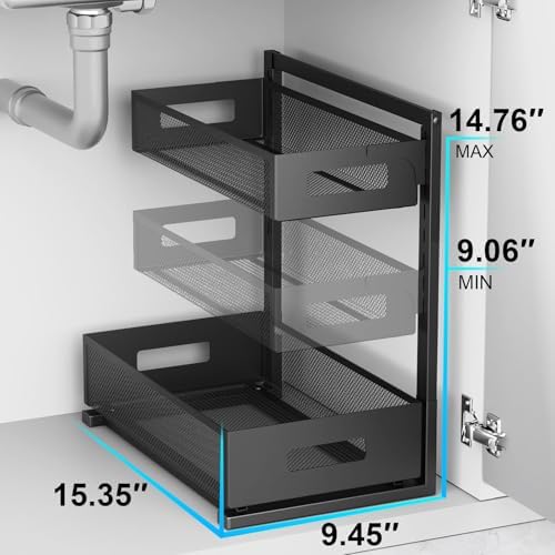 Under Sink Organizer Pull Out Cabinet Organizer Adjustable Height 2 Tier with Sliding Drawers Kitchen Bathroom Organizer and Storage(1pc)