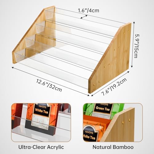 4 Layer Tea Bag Organizer, Bamboo & Plastic Tea Storage Holder