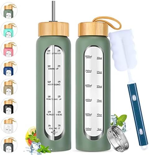 32 oz Glass Water Bottle with Straw - Motivational Time Marker & Silicone Sleeve - Reusable Tumbler Includes 2 Bamboo Lids & Fruit Infuser - 1 Pack
