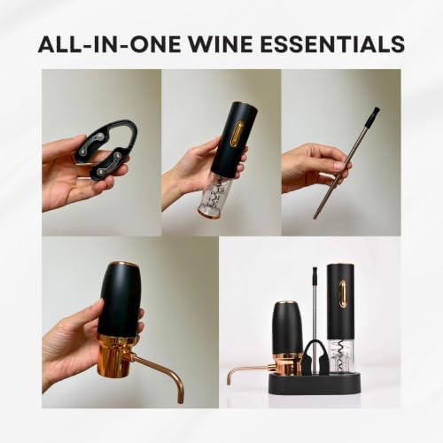 Rechargeable Electric Wine Gift Set - Wine Aerator, Wine Vacuum Stopper, Foil Cutter and Electric Bottle Opener with Stand - Great for Christmas Gift for Wife or Mom