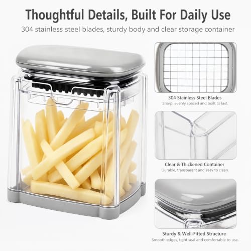 7-in-1 French Fry Cutter, Manual Vegetable Chopper with Storage Container and 4 Blades, Multi Functional Potato Onion Dicer Slicer for Kitchen