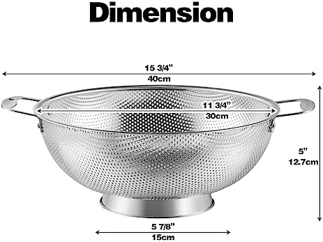 Large 6-Qt Colander, 18/8 Stainless Steel Mesh Strainer for Kitchen, Food Sieve with Riveted Handles and Self-draining Solid Ring Base, Great for Pasta, Rice, Vegetables and Fruits