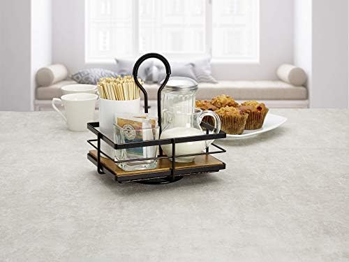 Nova Rotating Condiment Caddy, Handcrafted Iron and Acacia Wood Table Organizer with Spinning Platform and Carrying Handle, Contemporary Black Finish, 8.75 x 7 x 9.25 Inches