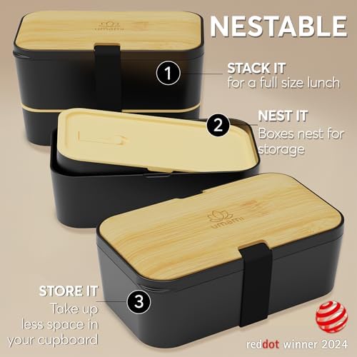 Bento Box Adult, Stackable Lunch Box, 50 oz, Black& Bamboo