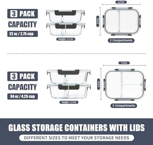 Glass Meal Prep Containers with Lids, 2 & 3 Compartment Lunch Containers