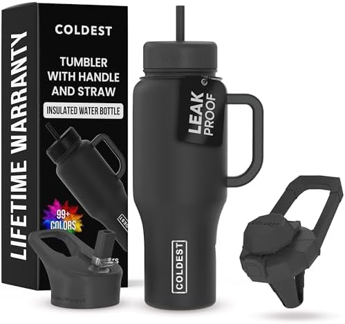 Coldest Tumbler with Handle and Straw - 100% Leak Proof Insulated Tumbler with Lid and Straw (3 Lids) - Stainless Steel Tumblers for Women & Men - Cup Holder Friendly Base, 36 oz (Stealth Black)