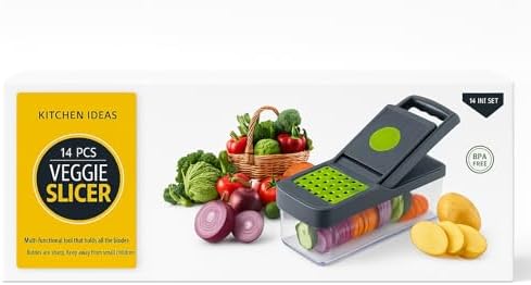 14-in-1 Vegetable Chopper with Container – Professional Onion Chopper, Food Chopper & Mandoline Slicer with 14 Blades – Veggie Dicer, Grater, Cutter for Salad, Potato, Carrot & Meal Prep (Green) by Unknown