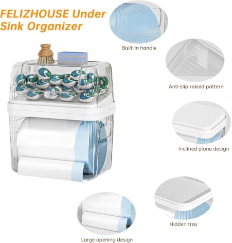 Trash Bag and Laundry pods Dispenser, 3-in-1 Clear Under Sink Organizer, Dishwasher Pod Storage Container, Stackable Kitchen Cabinet Storage Box Fits 13/30/33 Gallon Garbage Bags