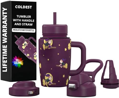 Coldest Tumbler with Handle & Coffee Lid - 100% Spill Proof Tumbler (3 Lids) - Stainless Steel Insulated Leakproof Tumblers for Women & Men - Cup Holder Friendly - 15 oz (Baby Witches) by Coldest