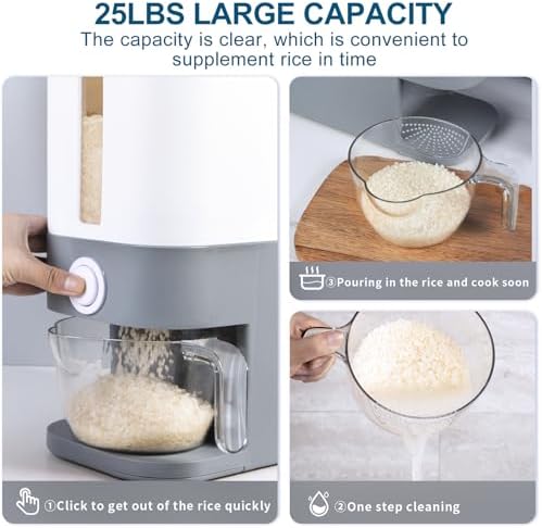 22.5-25 Lbs Gray Rice Dispenser, Rice Container with Lid, Rice Storage Container with Measuring Cup, Food Dispenser Rice Container, Storage Container for Cereal, Household Rice Bucket