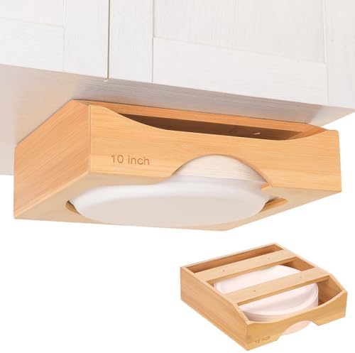 10-inch Paper Plate Dispenser Under Cabinet, Bamboo Paper Plate Holders, Kitchen Counter Vertical Plate Dispensers Holders Countertop Caddy(For 10-inch Plates, Bamboo)