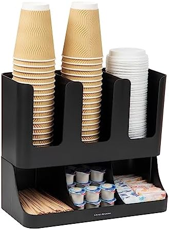 Condiment Station, 13 Inch Countertop Coffee Bar Organizer with 6 Compartments, Storage Caddy for Cups, Lids and Packets, Plastic, Black