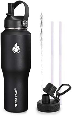 Water Bottle 32oz,2 Lids(Straw lid),Wide Mouth Stainless Steel Vacuum Insulated Double Wall Keep Liquids Cold or Hot All Day,Sweat Proof Sport Design,Fit Car Cup Holder(Black)