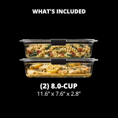 Brilliance Glass Food Storage Containers, 8 Cup, Set of 2, BPA-Free, Leak-Proof, Clear
