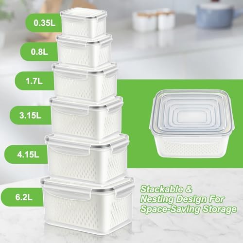 12 Pieces Fruit Storage Containers for Fridge Organizers and Storage, 6 Pack Large Produce Saver with Airtight Lid & Colander for Berry Lettuce Salad Vegetable Storage, Refrigerator Organizer