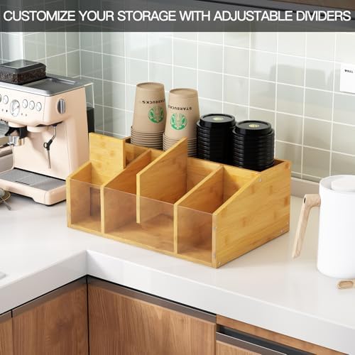 Coffee Station Organizer Condiment Organizer for Countertop Farmhouse Coffee Caddy with Removable Dividers Small Cute Office Bar Accessories for Tea Bags, Pods, Syrup, Cups, and Stirrer