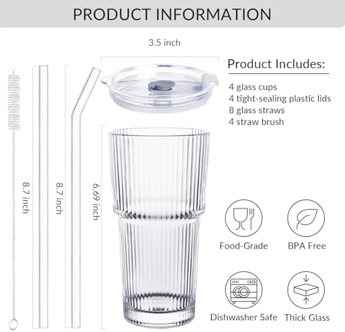 4 Pack Glass Cups with Lids and Straws, 20oz, Ribbed Pattern