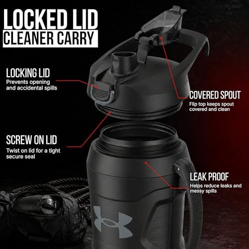 Under Armour Insulated Water Bottle with Handle & Fence Hook, Half Gallon Sports Water Jug, Leak-Resistant & BPA-Free for Baseball, Football & Gym - Black/Black, 64oz