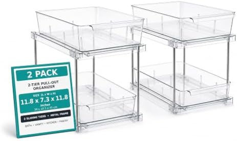 2-Tier Multi-Purpose Bathroom Under Sink Organizers and Storage, Stackable Kitchen Pantry Organization, Pull Out Medicine Cabinet Organizer with Movable Dividers, Clear, 2 Pack