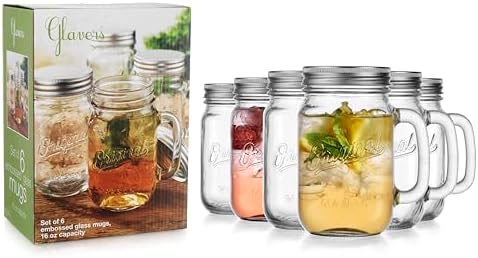 Mason Jar 16 Oz. Glass Mugs with Handle and Lid Set Of 6 Old Fashioned Drinking Glass Bottles Original Mason Jar Pint Sized Cup Set.