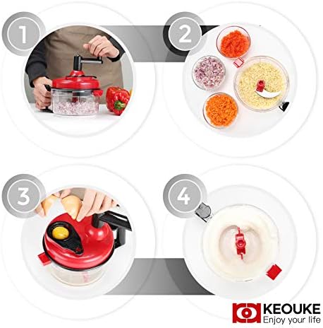 KEOUKE Hand Crank Food Chopper Red - Manual Food Processor with Egg Separator, Labor-Saving, Easy to Clean, Large Vegetable Mixer Blender for Onion, Garlic, Salad, Salsa, Nuts, Meat, Fruit, etc - Image 3
