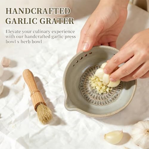 Garlic Grater Plate, Herb Stripper Bowl, Handmade Garlic Grater Herb Bowl, Grater Plate With Drainage Port, Easy Cook For Garlic, Herb, Ginger, Cooking Lover (7-hole light green)