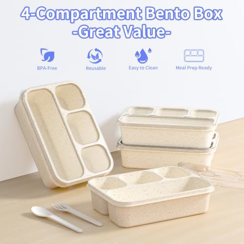 Bento Box 5-Pack, 4-Compartment Lunch Box for Women, Men & Kids, BPA-Free Wheat Straw Snack Containers, Ideal for Meal Prep, Travel, School, Work (White)