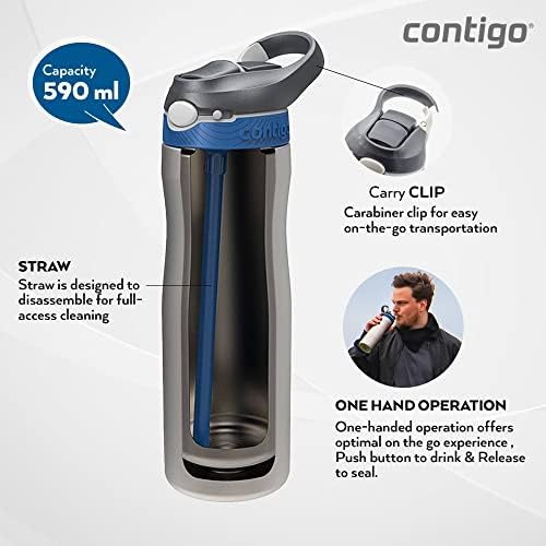 Ashland Chill Autospout Water Bottle with Flip Straw, Stainless Steel Thermal Drinking Bottle,Leakproof,Grey, BLue, 590 ml