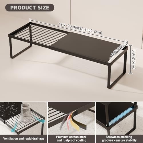 Expandable Cabinet Shelf Organizer, 2 Pack Stackable Kitchen Counter Shelf Riser, Metal Spice Rack Heavy Duty Countertop Organizer Storage for Kitchen, Pantry, Cupboard, Rv (5.9in Height,Black)