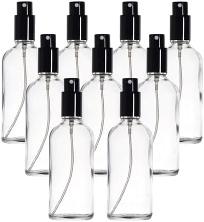 YIZHAO Clear Glass Spray Bottles 4oz, with Small Fine Mist Spray, Metal Cap, Refillable for Essential Oil,Travel,Cleaning,Perfume,Aromatherapy,Makeup – 9 Pcs by YizhaoGlassSprayandDropperBottles