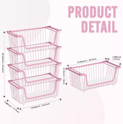 4 Pcs Stackable Wire Baskets for Pantry Organizers and Storage, Pink