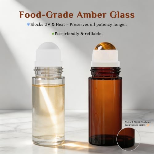 PrettyCare Rose Quartz Roller Bottles for Essential Oils, 50ml Roll On Bottles with Natural Crystal Roller Ball Applicator, Refillable Amber Glass Perfume Bottle (1 Pack, Tiger's Eye Roller) - Image 3