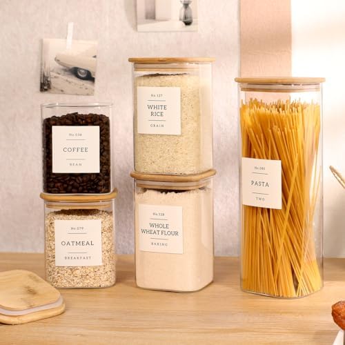 5 Pack Square Glass Pantry Storage Containers with 132 Kitchen Food Pantry Labels - Clear Glass Pantry Jars with Airtight Wood Bamboo Lids - Glass Canisters for Pasta, Cereal, Coffee, Flour, Sugar