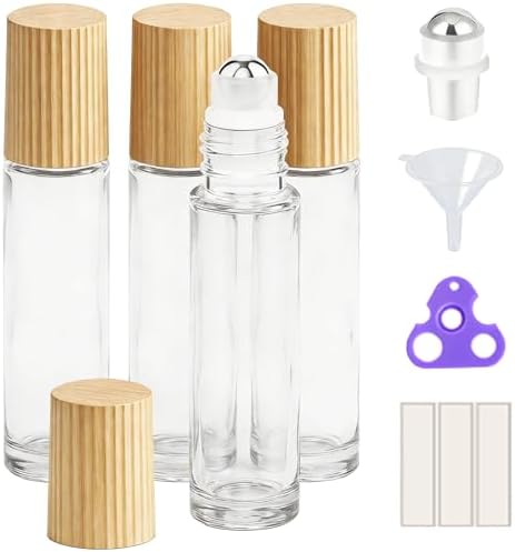PrettyCare 4 Pack, 10 ml Essential Oil Roller Bottles with Stainless Steel Roller Ball - Refillable Leak-proof Empty Thick Clear Glass Roll on Bottles with Bamboo Caps for Travel, Perfume by PrettyCare