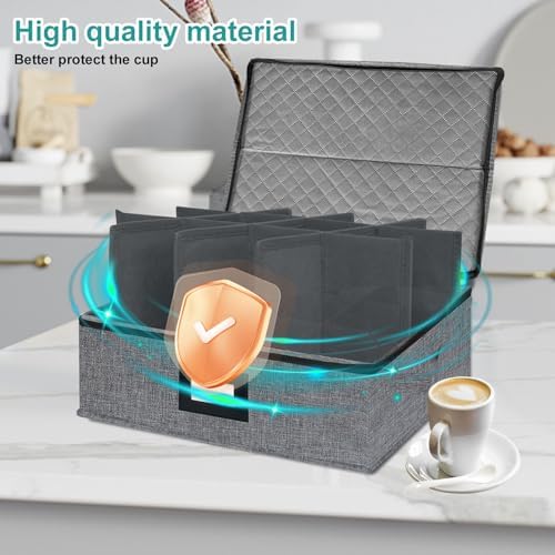 Mug and Cup Storage Box with Dividers, Coffee Mug Storage Case China Storage Containers Hard Shell with Lid and Handles, Stackable for 12 Coffee Mugs, Tea Cups, Moving & Packing (Dark Grey)
