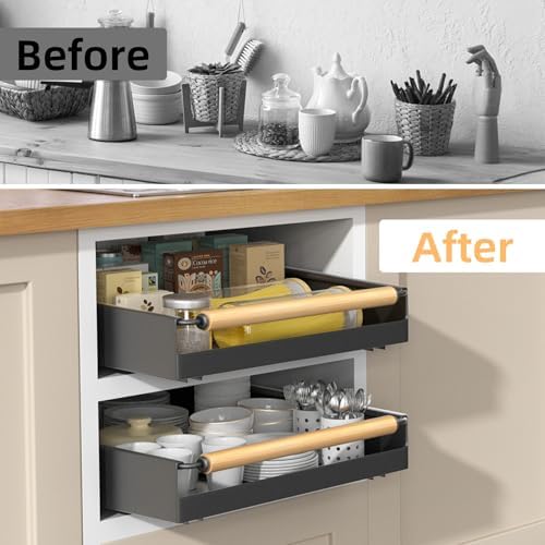 Pull Out Cabinet Organizer, 15.3'' Deep Expandable Slide Out Cabinet Organizer Fixed with Adhesive Nano Film, No Drill Slide Out Drawers Pull Out Tray for Cabinet in Kitchen, Pantry, Bathroom, Black
