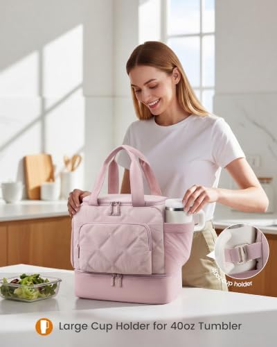 Insulated Lunch Bags for Women, Double Deck Pink Lunch Box