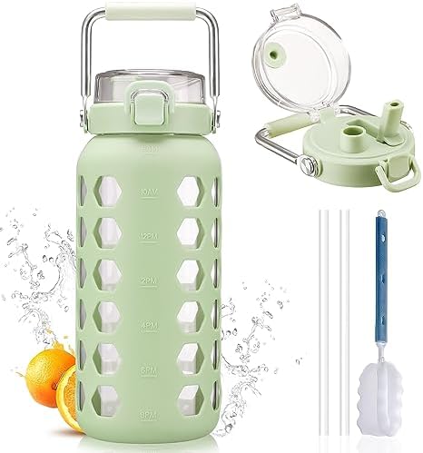 64oz Glass Water Bottle with Straw and Lid, Green