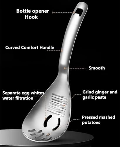 5 in 1 Egg Separator for Raw Eggs, Potato Masher Multifunction Cooking Spoon, Egg Yolk Separator, Grater Plate, Bottle Opener & Slotted Spoon 304 Stainless Steel - Image 4